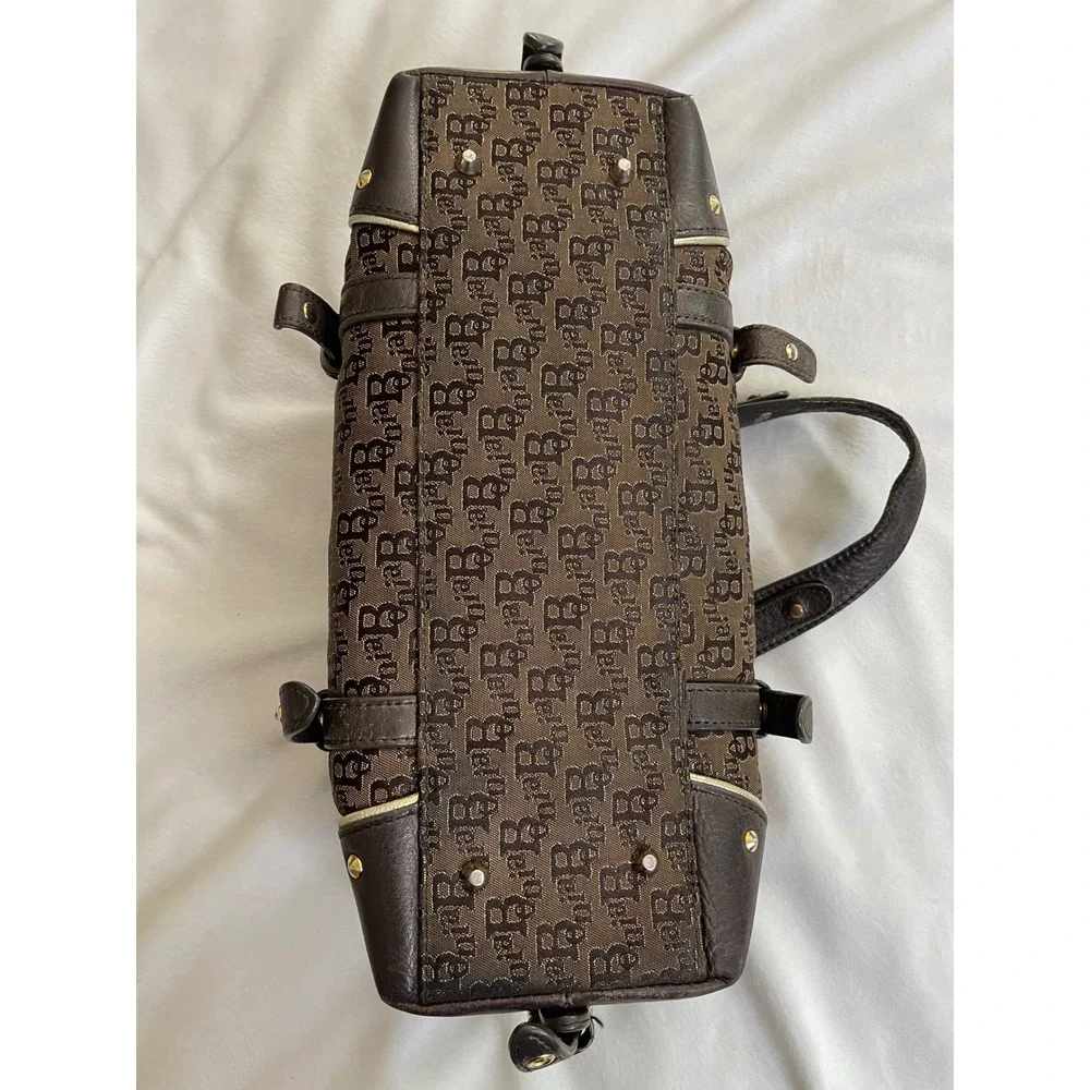 Bonia Monogram Canvas Satchel Bag Brown Leather Trim Gold Hardware Studded